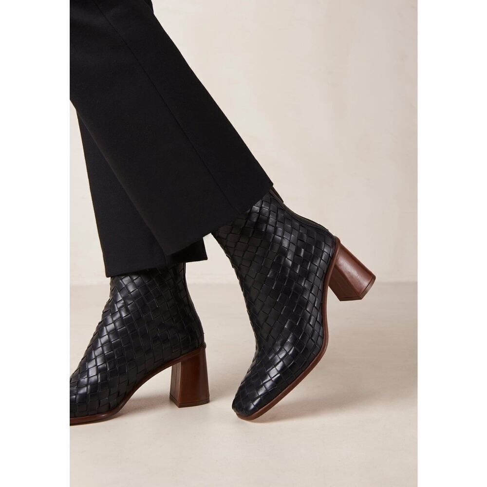 Alohas West Braided Black Leather Ankle Boots Block Heel Size 42 EU 11 US